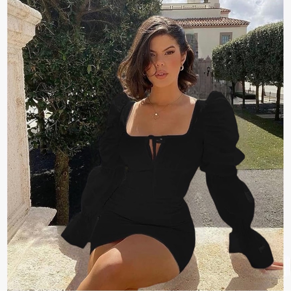 Long Puff Sleeves Square Neck Dress